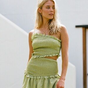 Sabo Australia Louisa Shirred Dress Women’s Size Large One Sleeve Green Mini